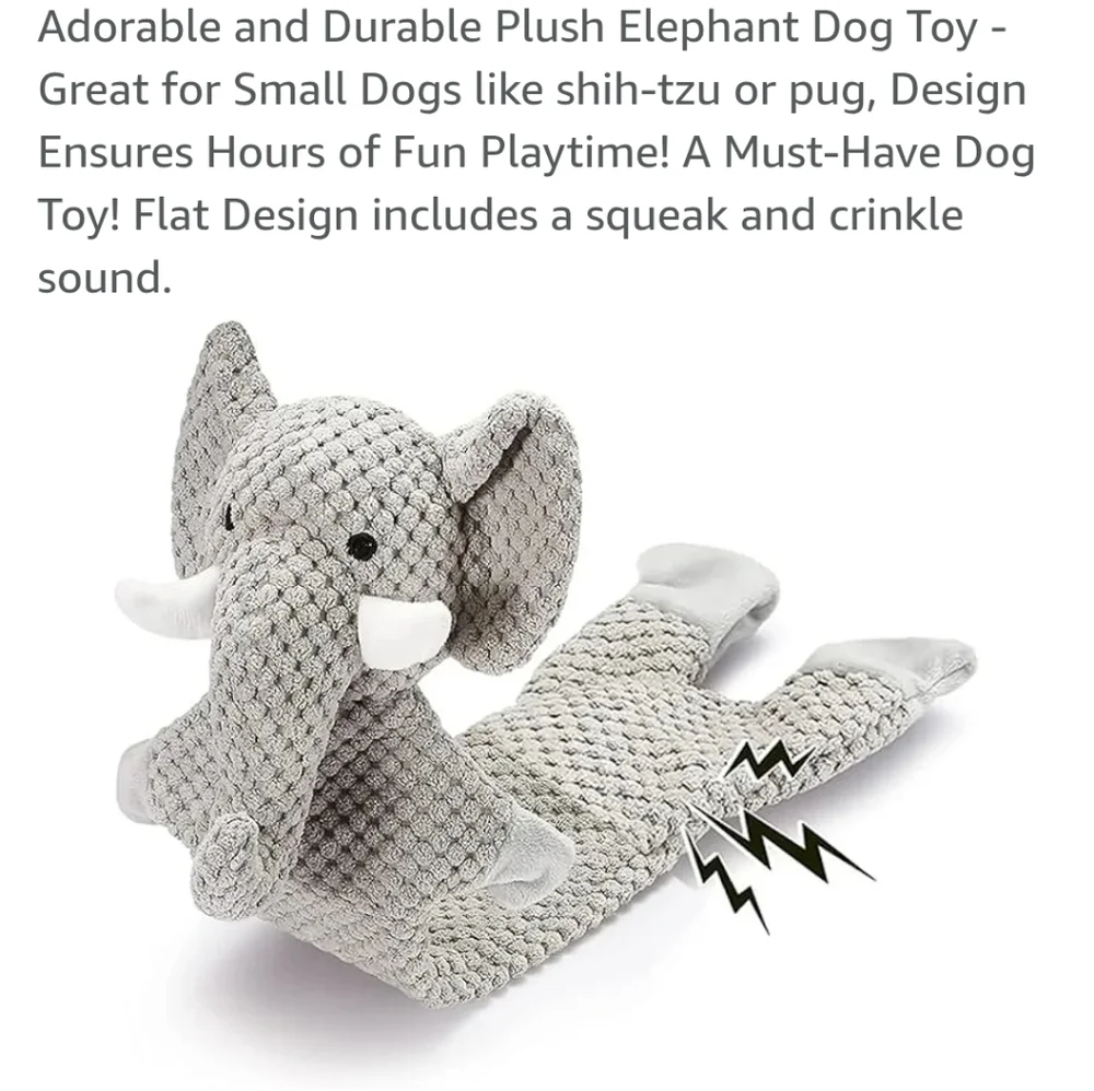 Gray Plush Elephant Squeaky Dog Toy Crinkle Paper Unstuffed Flat Pet Toy 12in